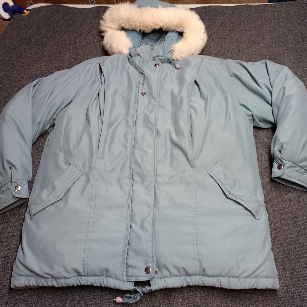 Bromley Sport Real Down Puffer Jacket Coat Women Large Blue Hooded Faux Fur‎